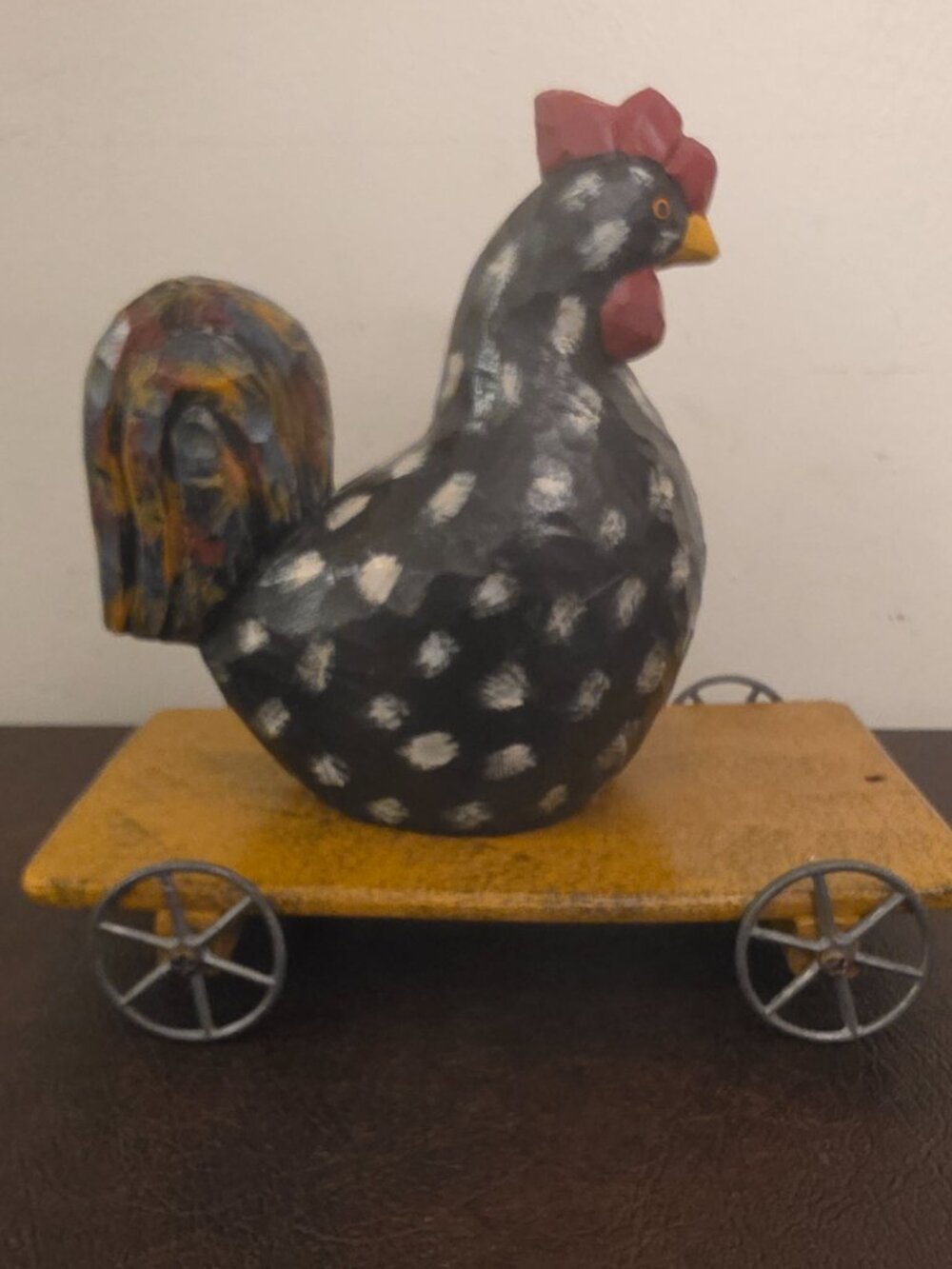 Vintage Folk art Pull Toy Black Rooster with white polka dots on wooden cart